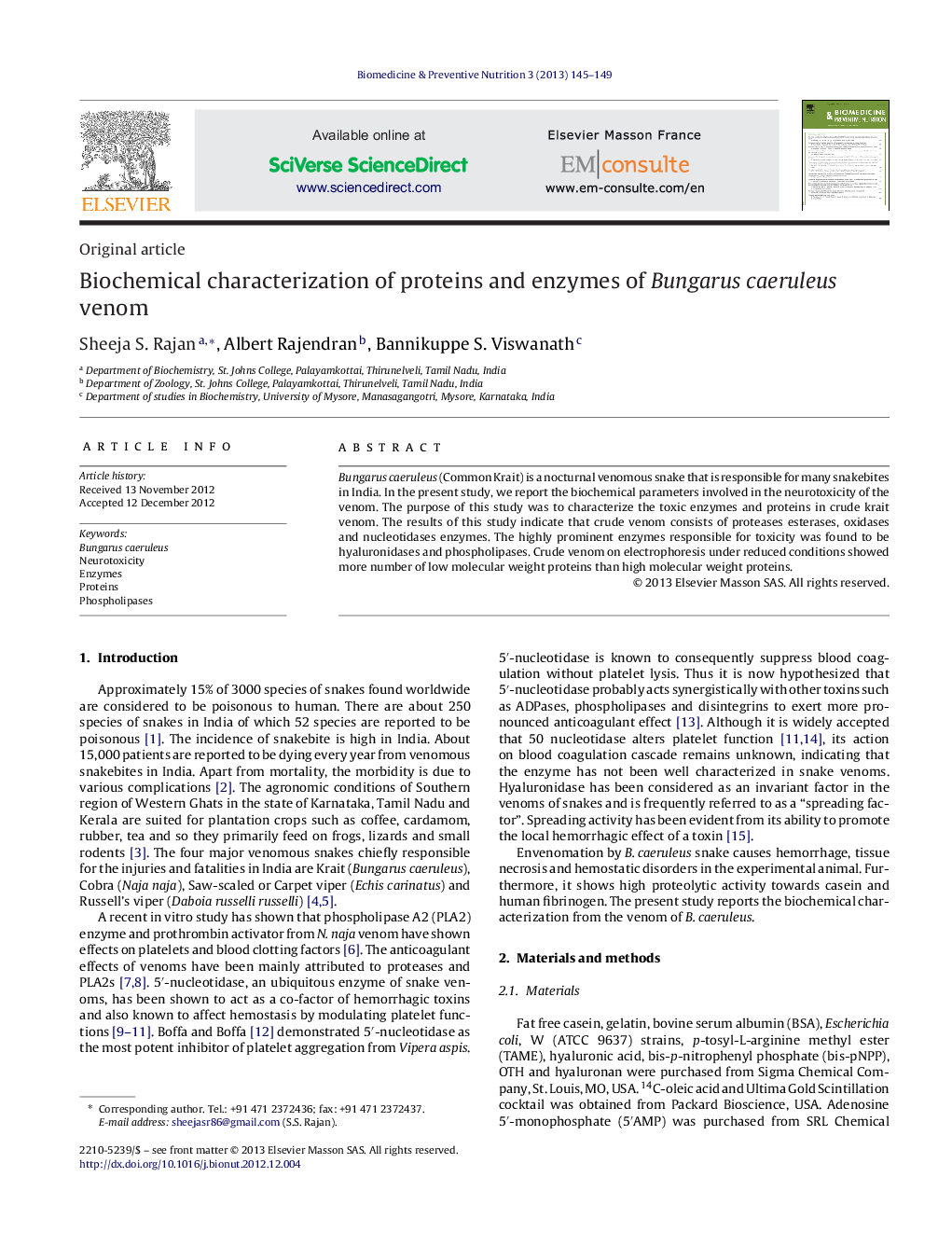 Biochemical characterization of proteins and enzymes of Bungarus caeruleus venom