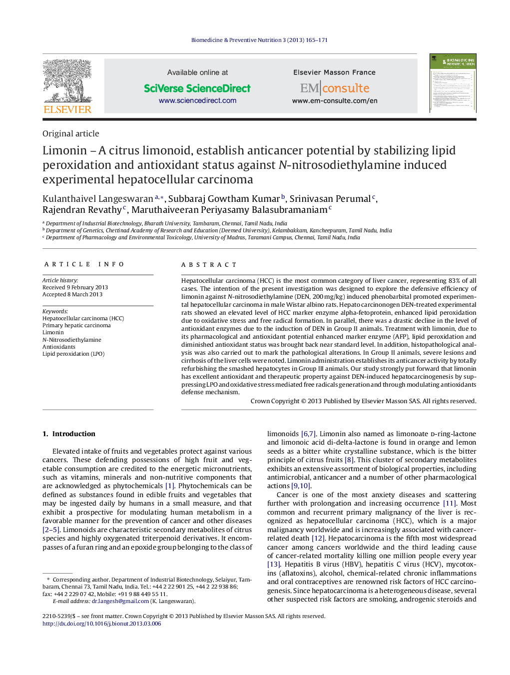 Limonin – A citrus limonoid, establish anticancer potential by stabilizing lipid peroxidation and antioxidant status against N-nitrosodiethylamine induced experimental hepatocellular carcinoma