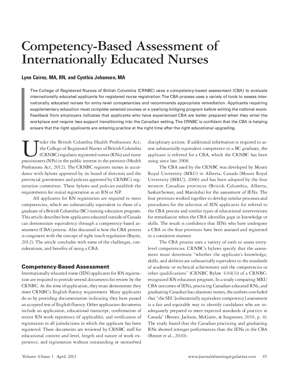 عکس صفحه اول مقاله: Competency-Based Assessment of Internationally Educated Nurses Competency-Based Assessment of Internationally Educated Nurses