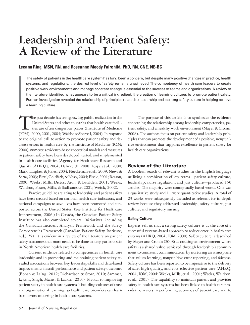 Leadership and Patient Safety: A Review of the Literature
