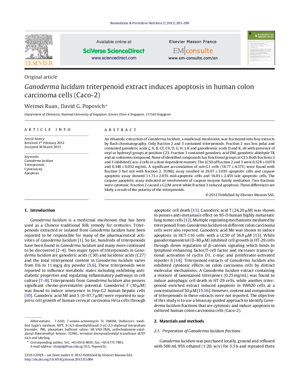 Ganoderma lucidum triterpenoid extract induces apoptosis in human colon carcinoma cells (Caco-2)