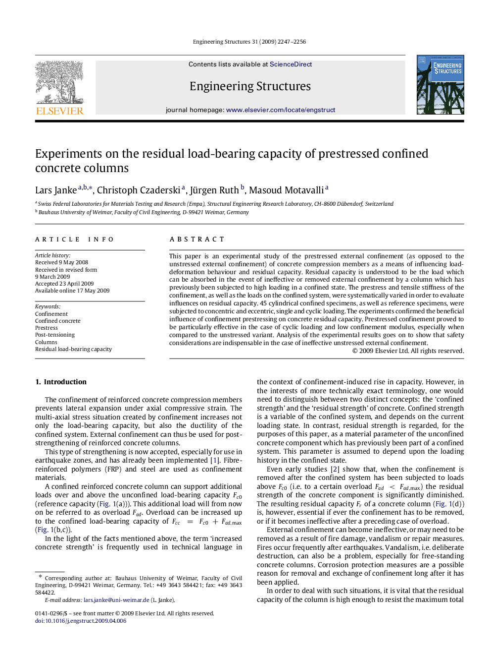 Experiments on the residual load-bearing capacity of prestressed confined concrete columns