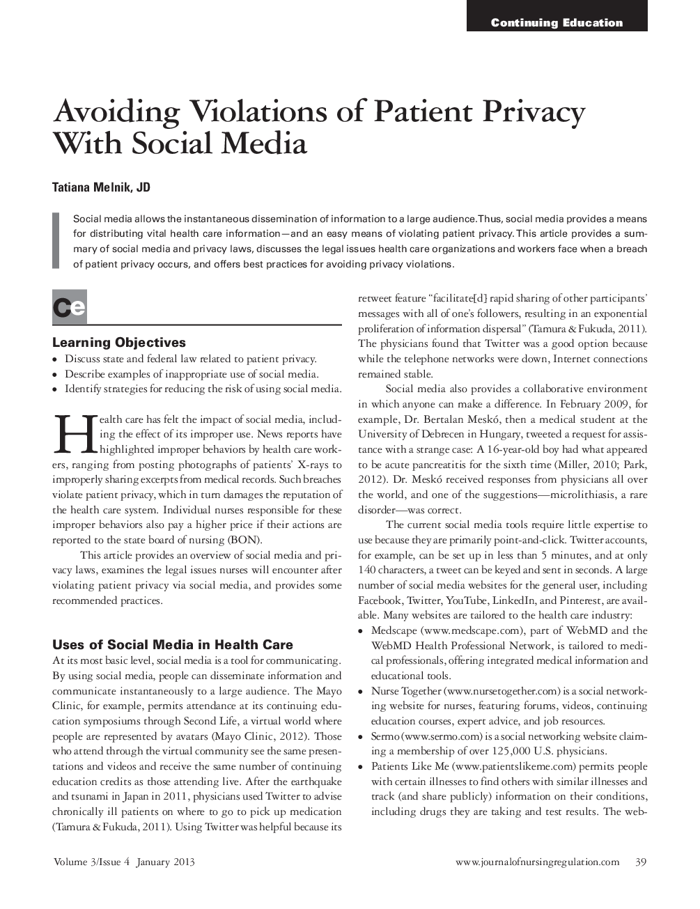 عکس صفحه اول مقاله: Avoiding Violations of Patient Privacy With Social Media Avoiding Violations of Patient Privacy With Social Media