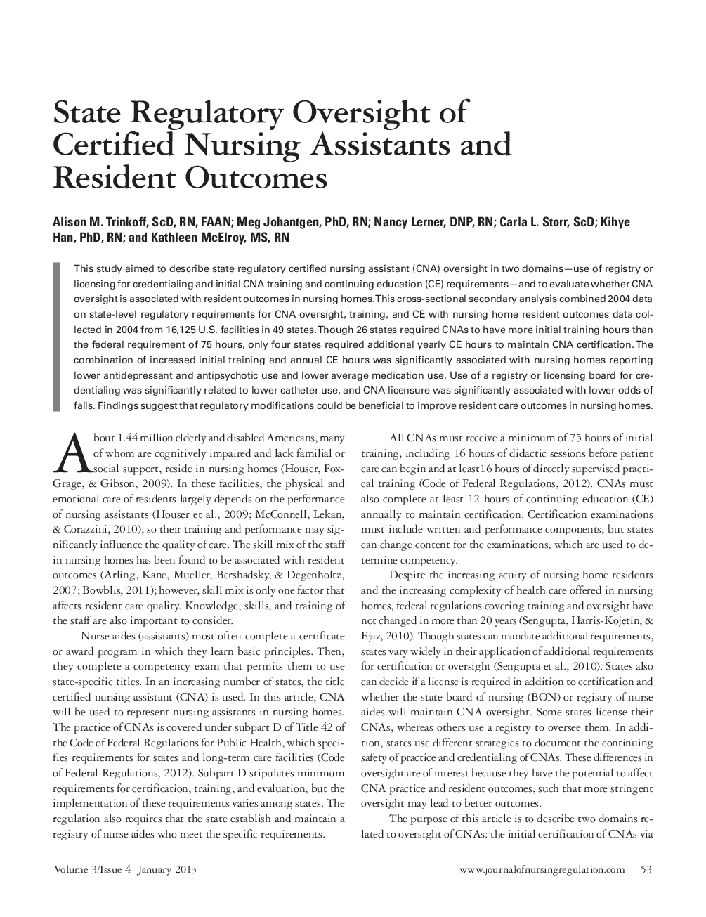 عکس صفحه اول مقاله: State Regulatory Oversight of Certified Nursing Assistants and Resident Outcomes State Regulatory Oversight of Certified Nursing Assistants and Resident Outcomes