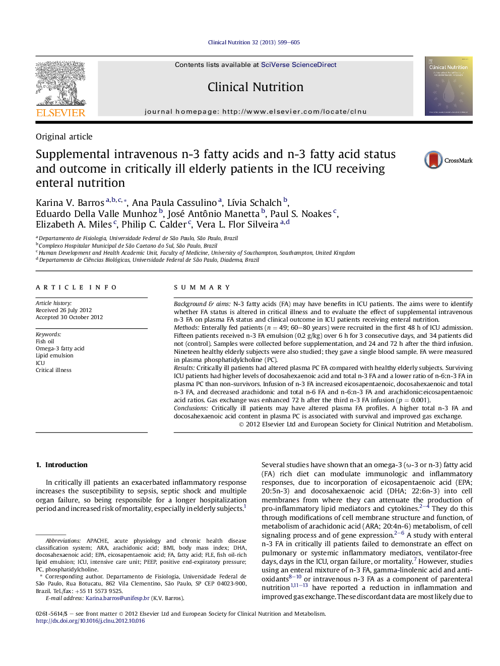 Supplemental intravenous n-3 fatty acids and n-3 fatty acid status and outcome in critically ill elderly patients in the ICU receiving enteral nutrition