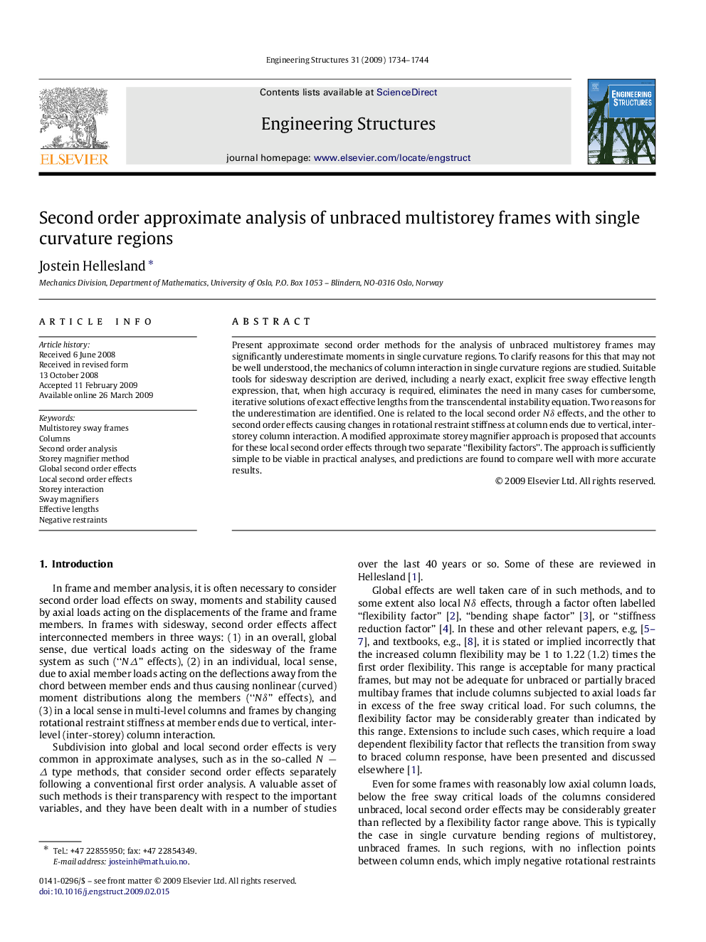 Second order approximate analysis of unbraced multistorey frames with single curvature regions