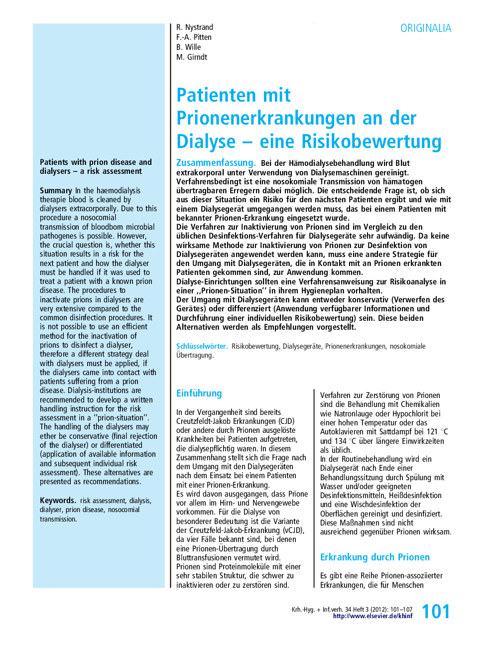 Patienten mit Prionenerkrankungen an der Dialyse – eine Risikobewertung