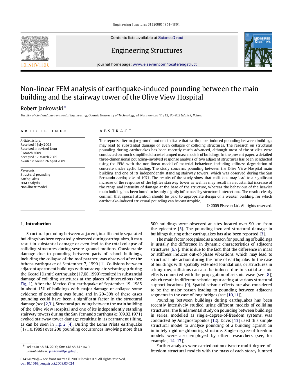 Non-linear FEM analysis of earthquake-induced pounding between the main building and the stairway tower of the Olive View Hospital