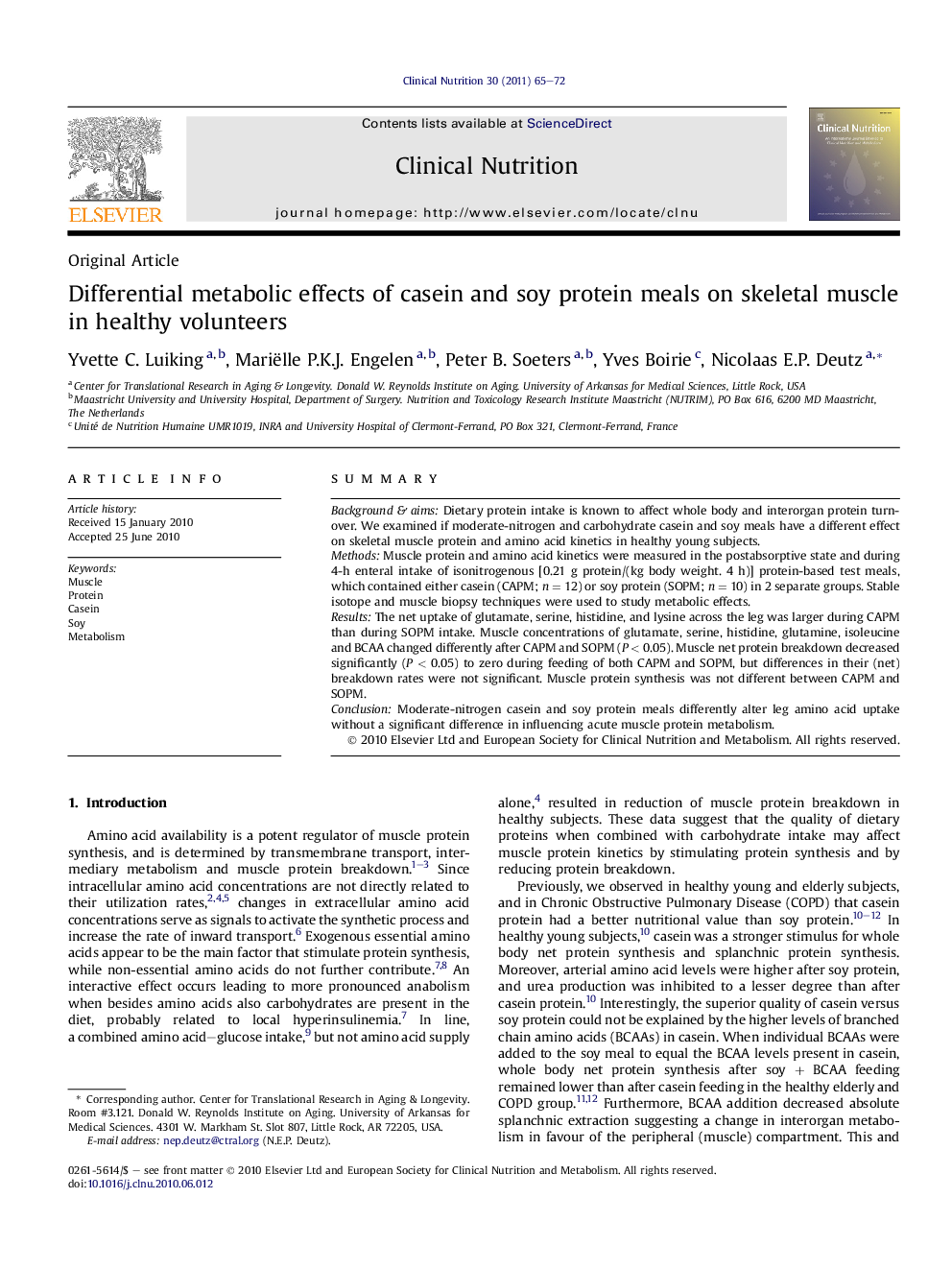 Differential metabolic effects of casein and soy protein meals on skeletal muscle in healthy volunteers