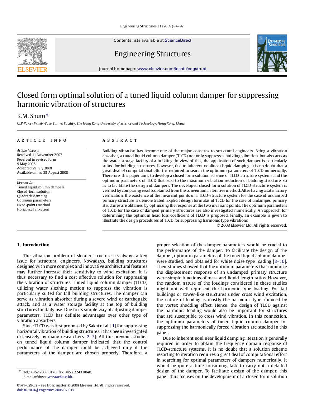 Closed form optimal solution of a tuned liquid column damper for suppressing harmonic vibration of structures