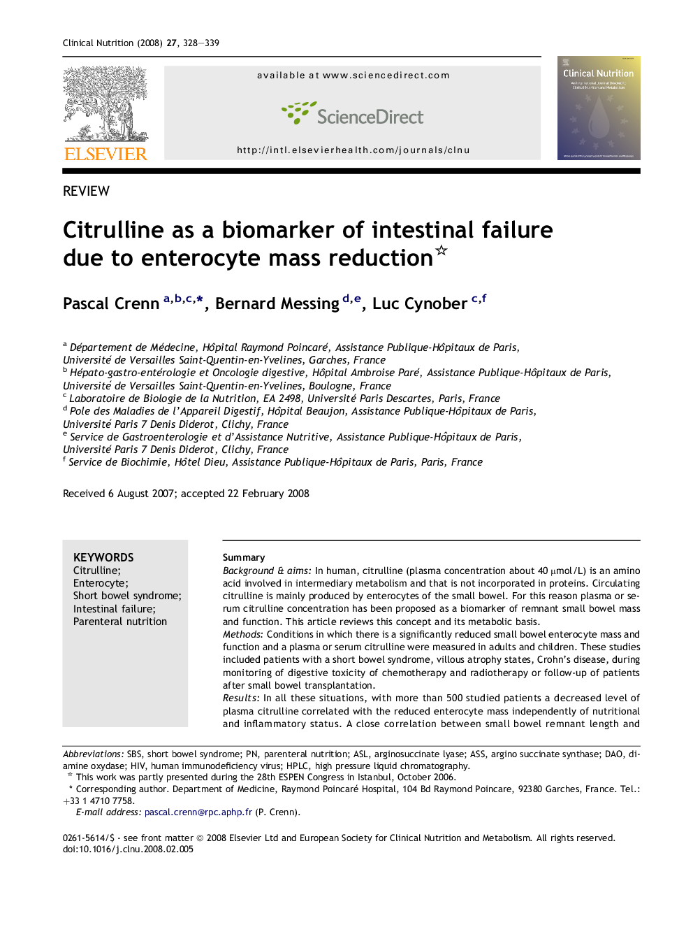 Citrulline as a biomarker of intestinal failure due to enterocyte mass reduction 