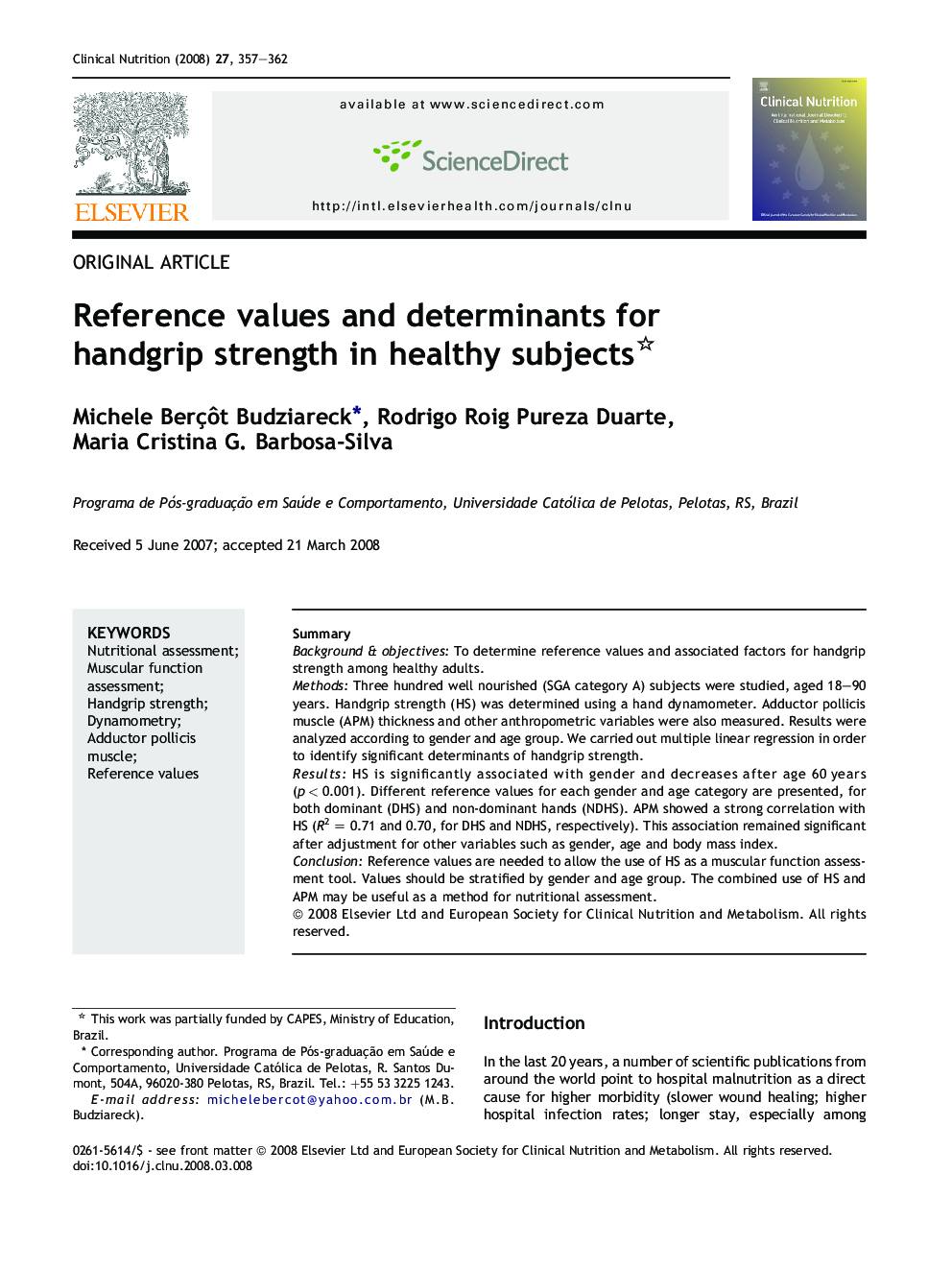 Reference values and determinants for handgrip strength in healthy subjects 