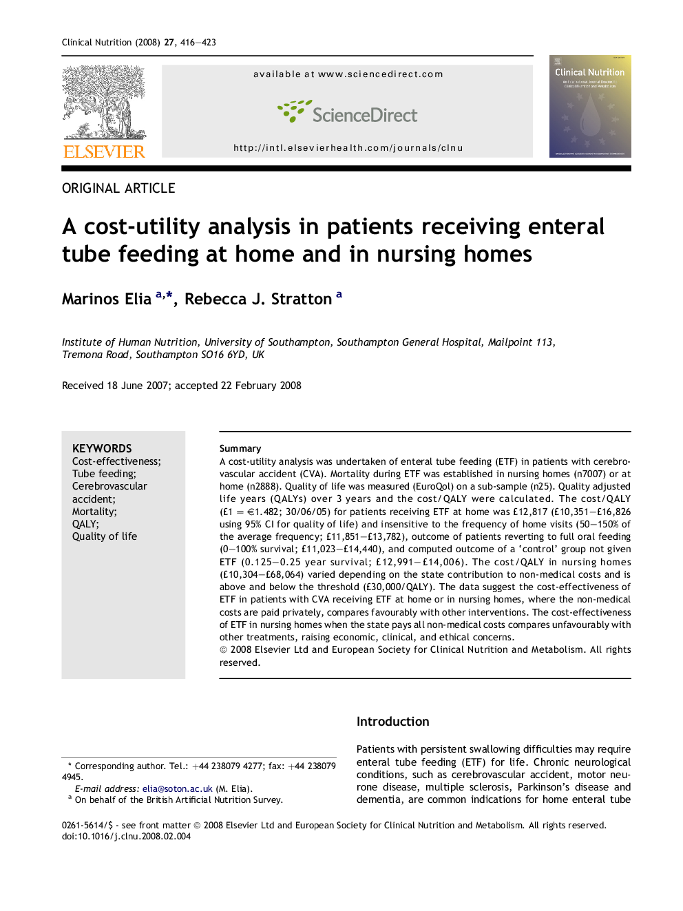 A cost-utility analysis in patients receiving enteral tube feeding at home and in nursing homes