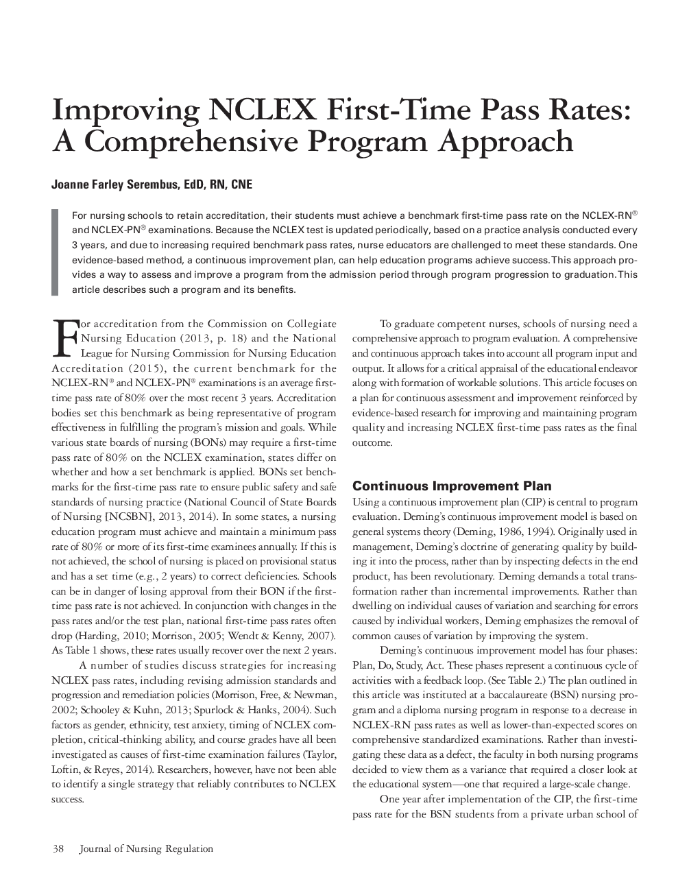 عکس صفحه اول مقاله: Improving NCLEX First-Time Pass Rates: A Comprehensive Program Approach Improving NCLEX First-Time Pass Rates: A Comprehensive Program Approach
