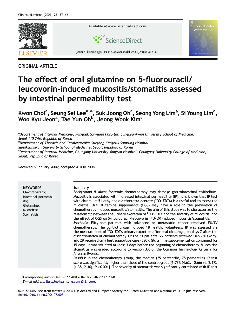 The effect of oral glutamine on 5-fluorouracil/leucovorin-induced mucositis/stomatitis assessed by intestinal permeability test