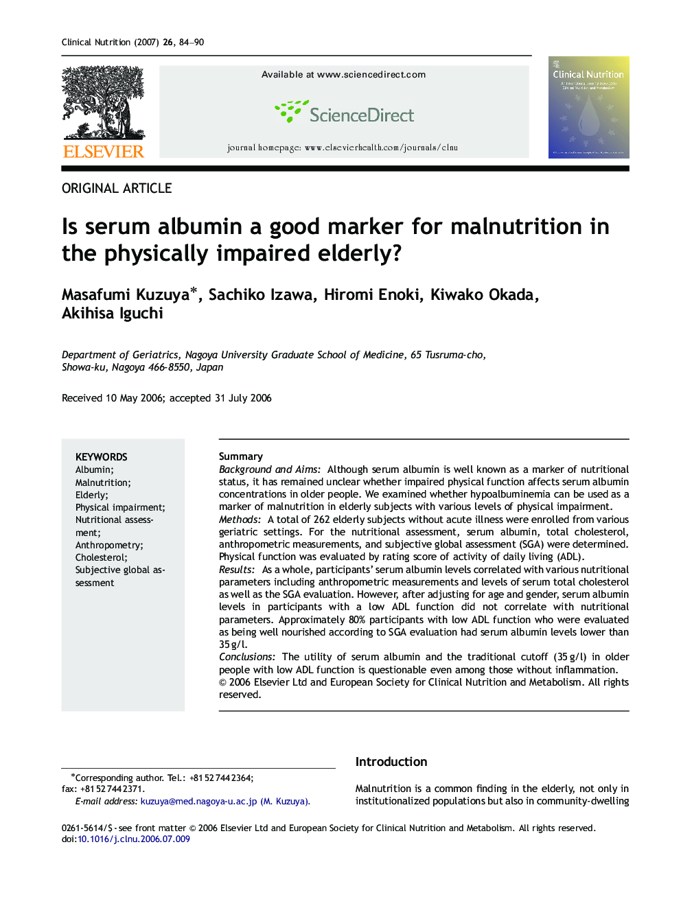 Is serum albumin a good marker for malnutrition in the physically impaired elderly?