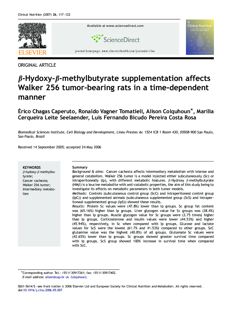 Î²-Hydoxy-Î²-methylbutyrate supplementation affects Walker 256 tumor-bearing rats in a time-dependent manner