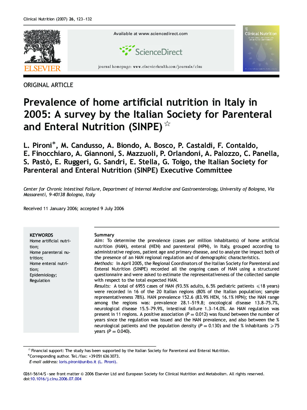 Prevalence of home artificial nutrition in Italy in 2005: A survey by the Italian Society for Parenteral and Enteral Nutrition (SINPE) 