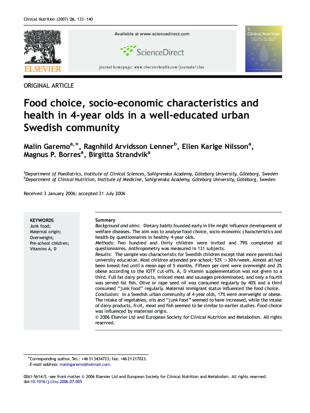 Food choice, socio-economic characteristics and health in 4-year olds in a well-educated urban Swedish community