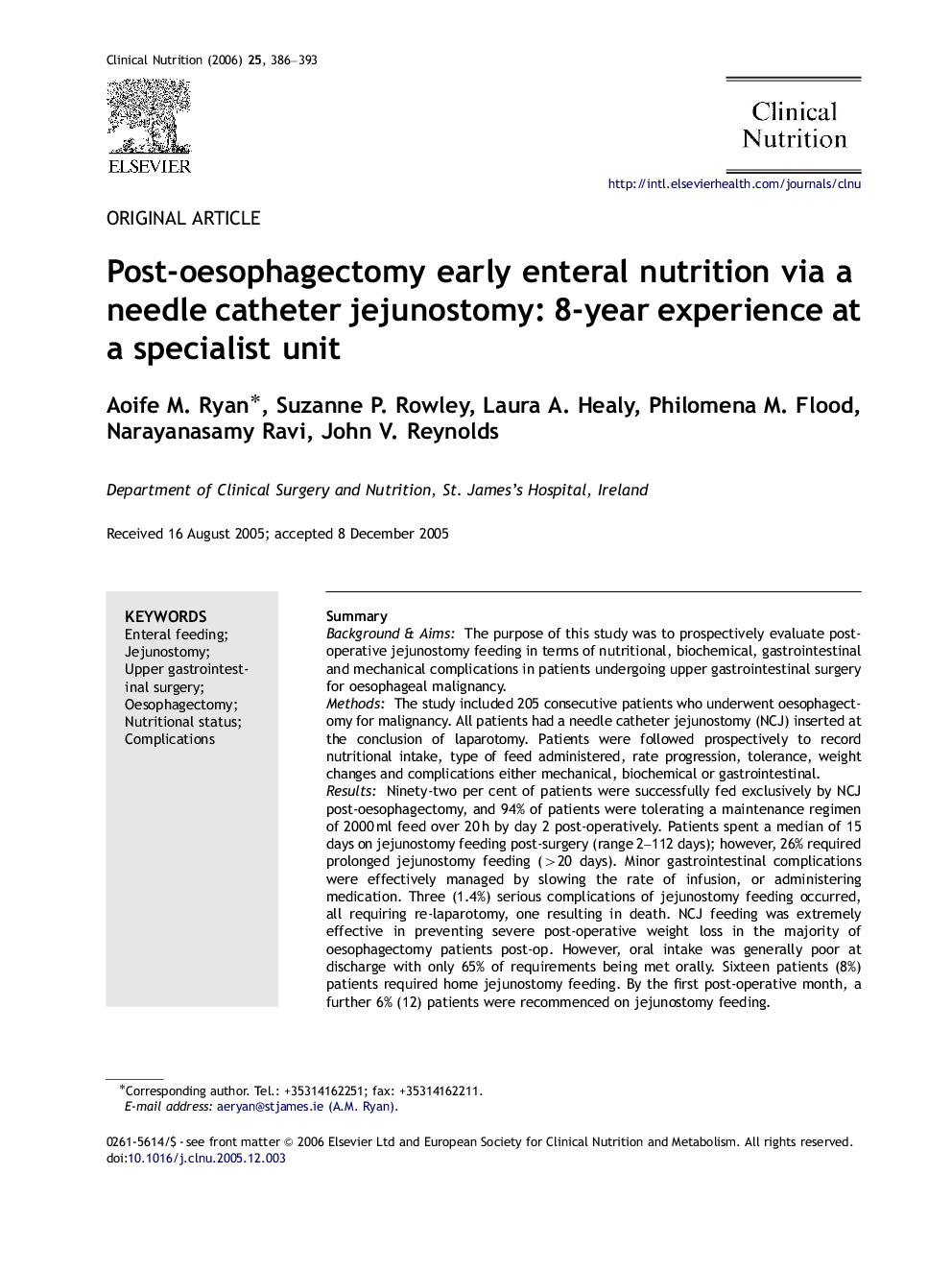 Post-oesophagectomy early enteral nutrition via a needle catheter jejunostomy: 8-year experience at a specialist unit