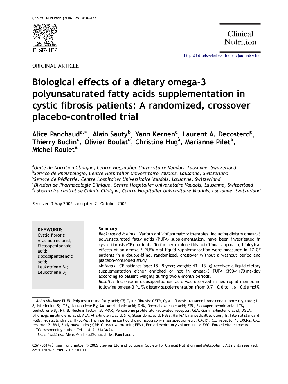 Biological effects of a dietary omega-3 polyunsaturated fatty acids supplementation in cystic fibrosis patients: A randomized, crossover placebo-controlled trial