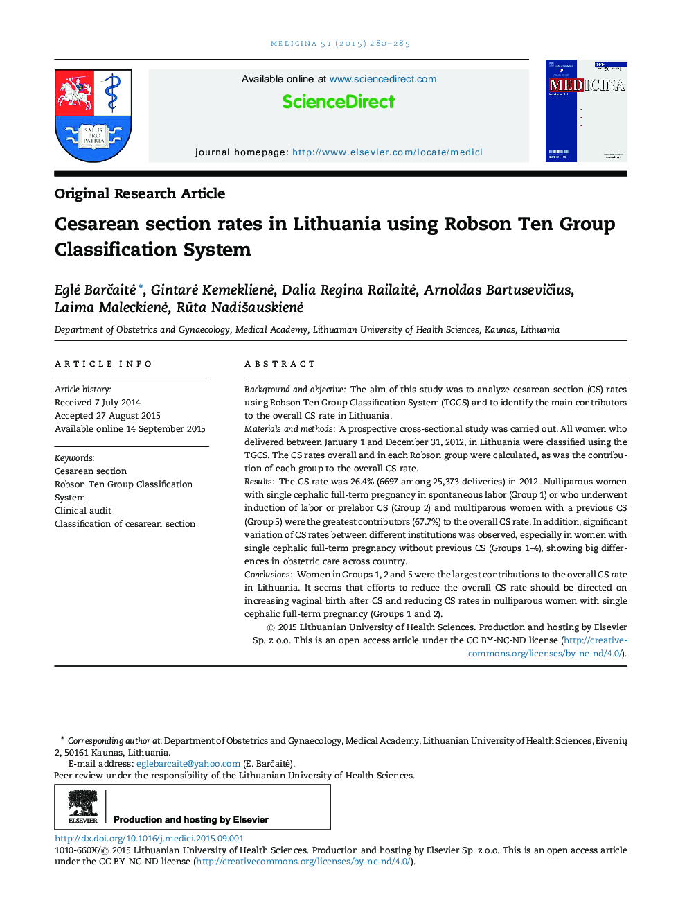 Cesarean section rates in Lithuania using Robson Ten Group Classification System