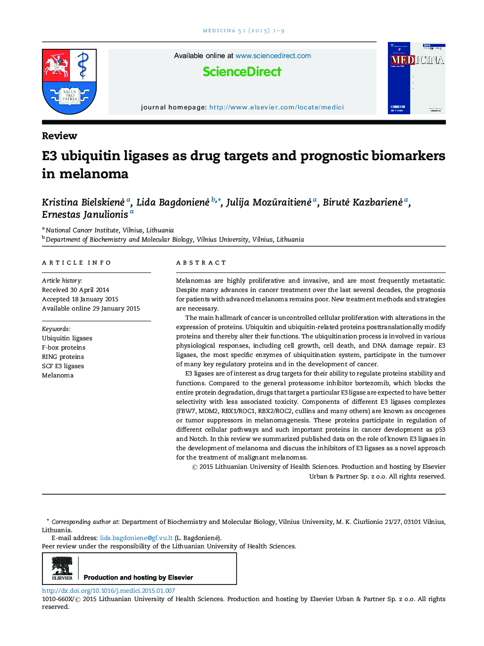 E3 ubiquitin ligases as drug targets and prognostic biomarkers in melanoma 