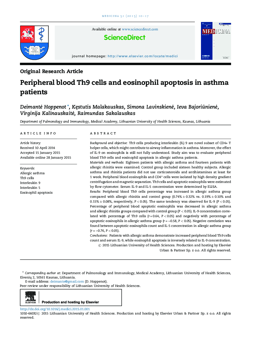 Peripheral blood Th9 cells and eosinophil apoptosis in asthma patients 