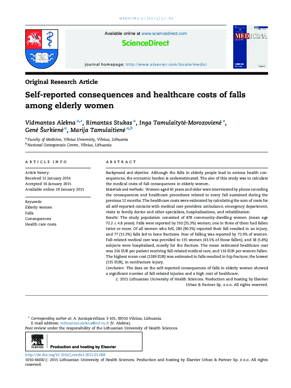 Self-reported consequences and healthcare costs of falls among elderly women