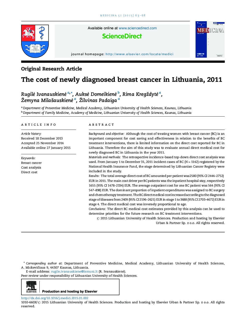 The cost of newly diagnosed breast cancer in Lithuania, 2011 