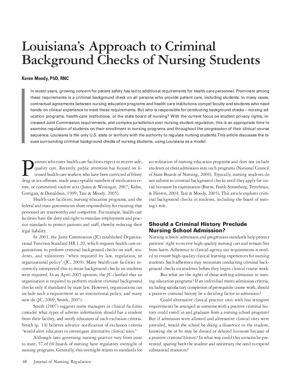 عکس صفحه اول مقاله: Louisiana's Approach to Criminal Background Checks of Nursing Students Louisiana's Approach to Criminal Background Checks of Nursing Students