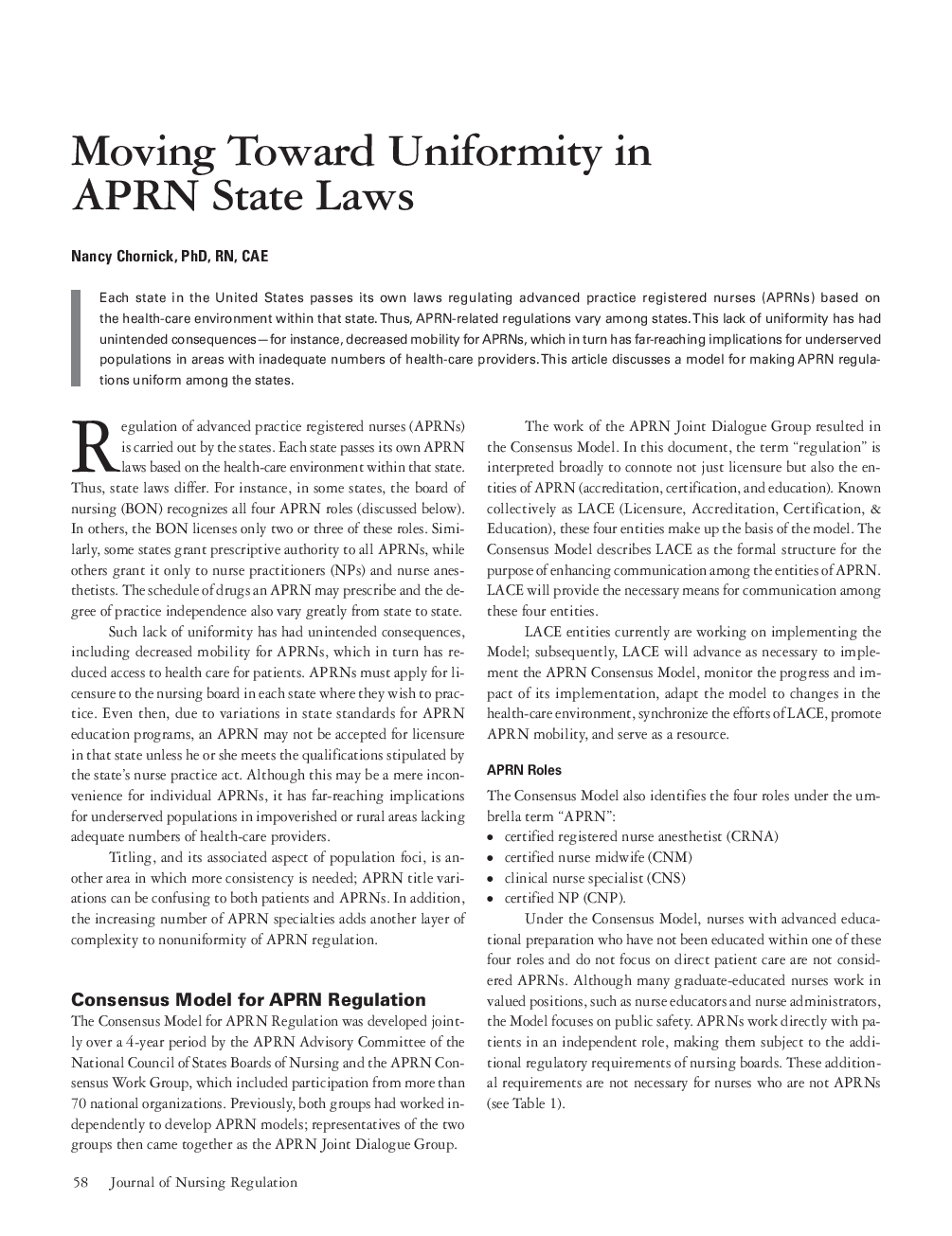Moving Toward Uniformity in APRN State Laws