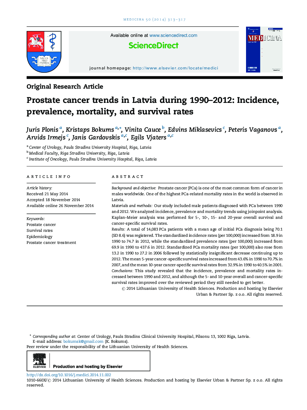 Prostate cancer trends in Latvia during 1990–2012: Incidence, prevalence, mortality, and survival rates 