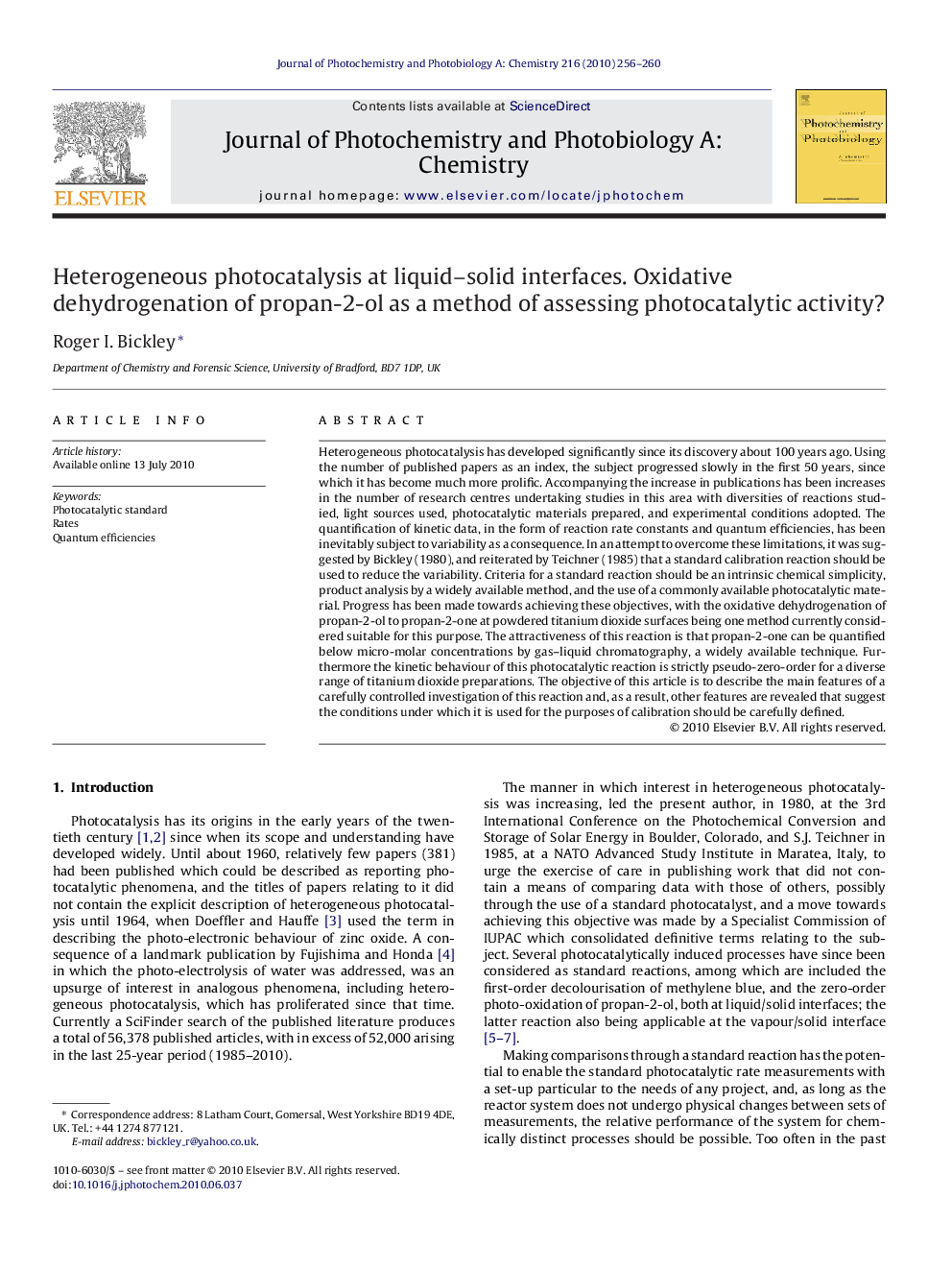 Heterogeneous photocatalysis at liquid–solid interfaces. Oxidative dehydrogenation of propan-2-ol as a method of assessing photocatalytic activity?