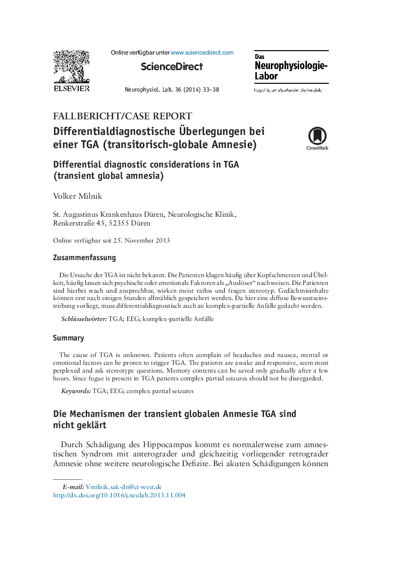 Differentialdiagnostische Überlegungen bei einer TGA (transitorisch-globale Amnesie)