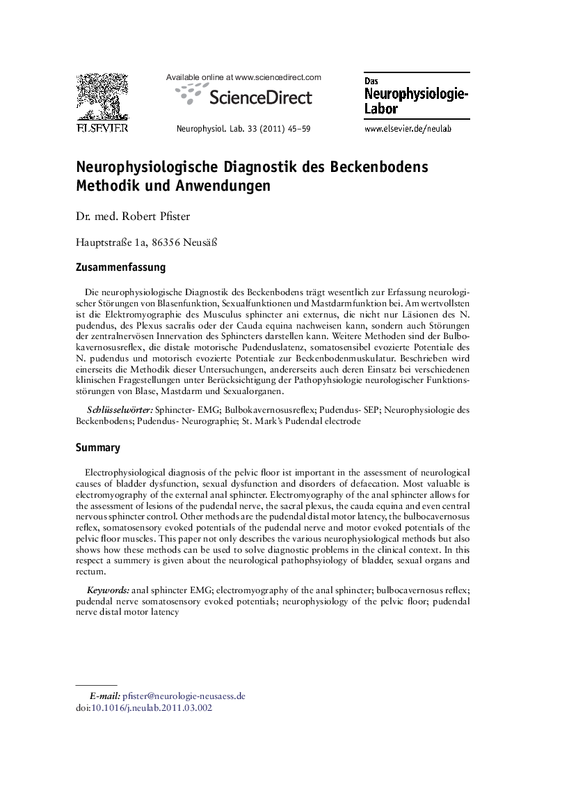 Neurophysiologische Diagnostik des Beckenbodens Methodik und Anwendungen