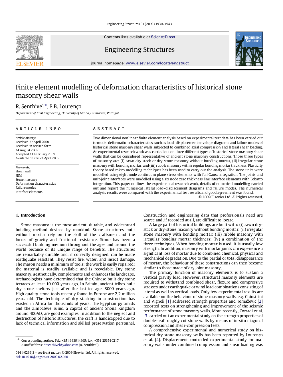 Finite element modelling of deformation characteristics of historical stone masonry shear walls