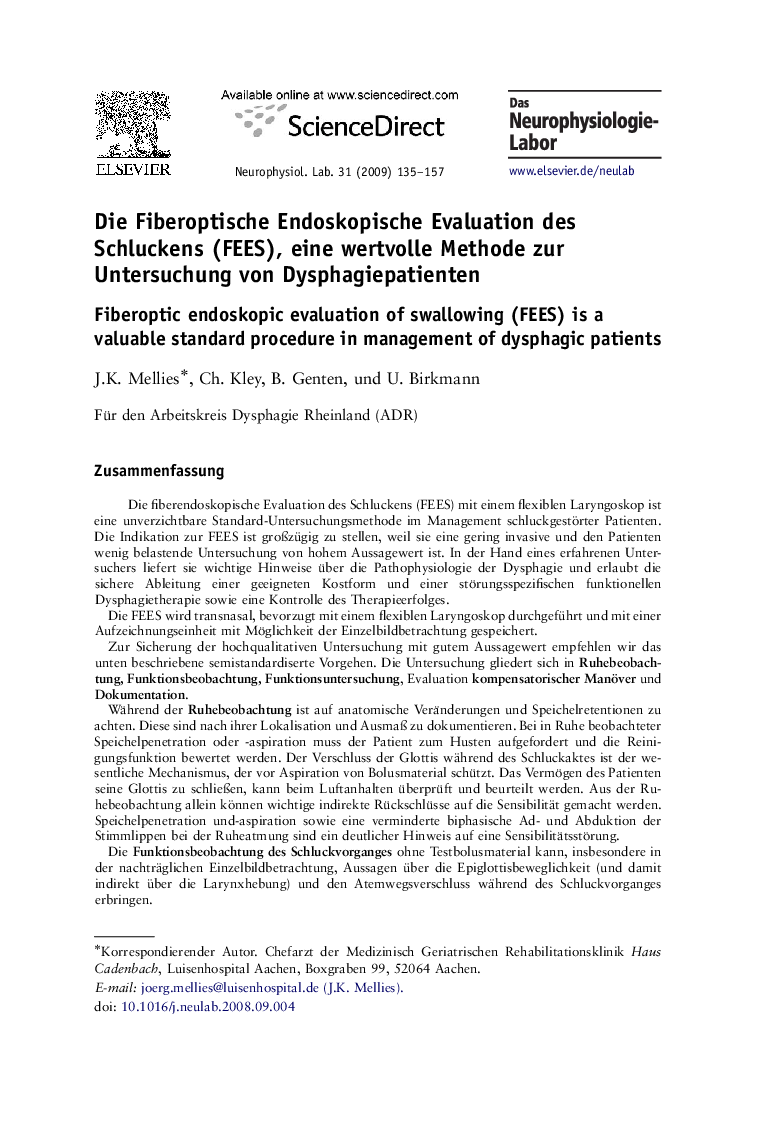 Die Fiberoptische Endoskopische Evaluation des Schluckens (FEES), eine wertvolle Methode zur Untersuchung von Dysphagiepatienten