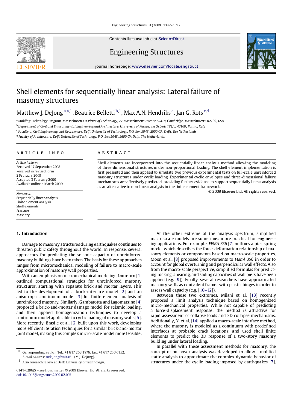 Shell elements for sequentially linear analysis: Lateral failure of masonry structures