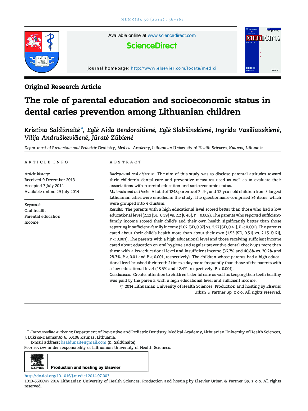 The role of parental education and socioeconomic status in dental caries prevention among Lithuanian children 