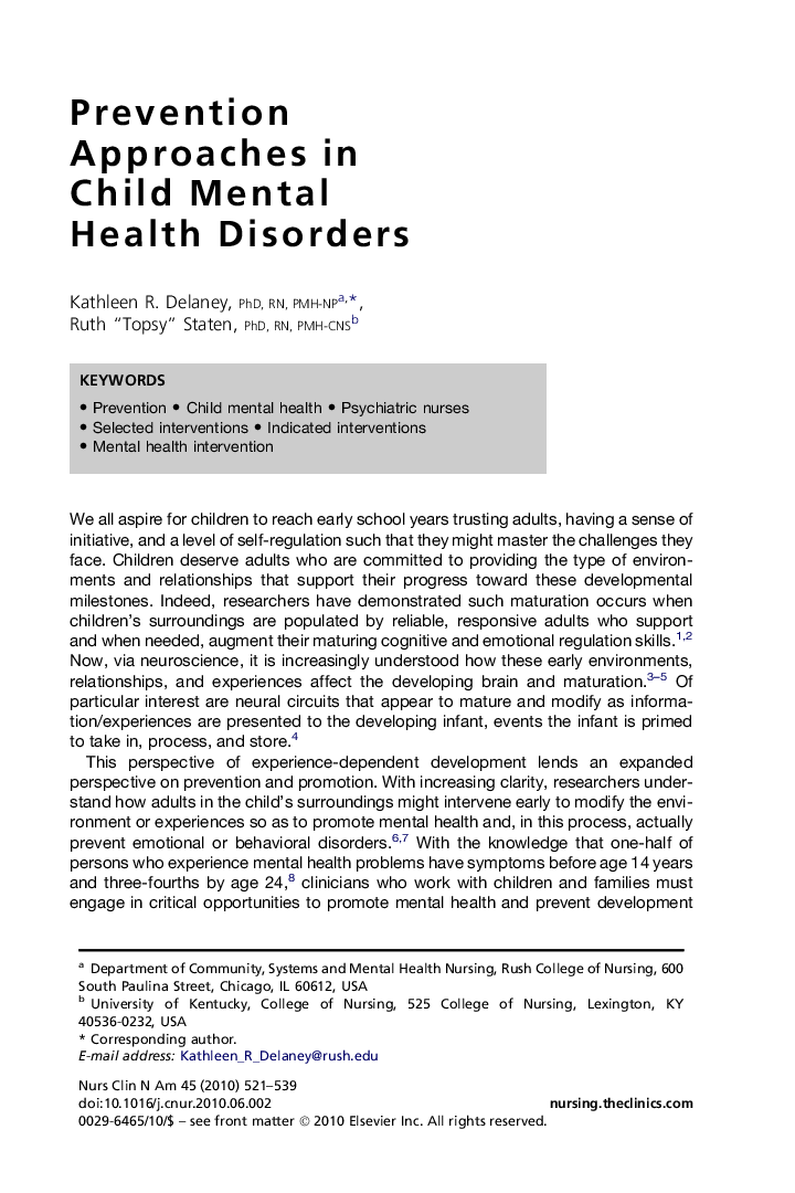Prevention Approaches in Child Mental Health Disorders