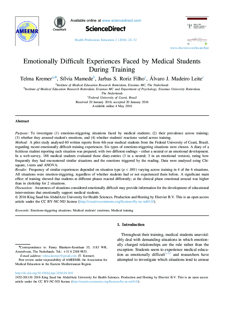 Emotionally Difficult Experiences Faced by Medical Students During Training 