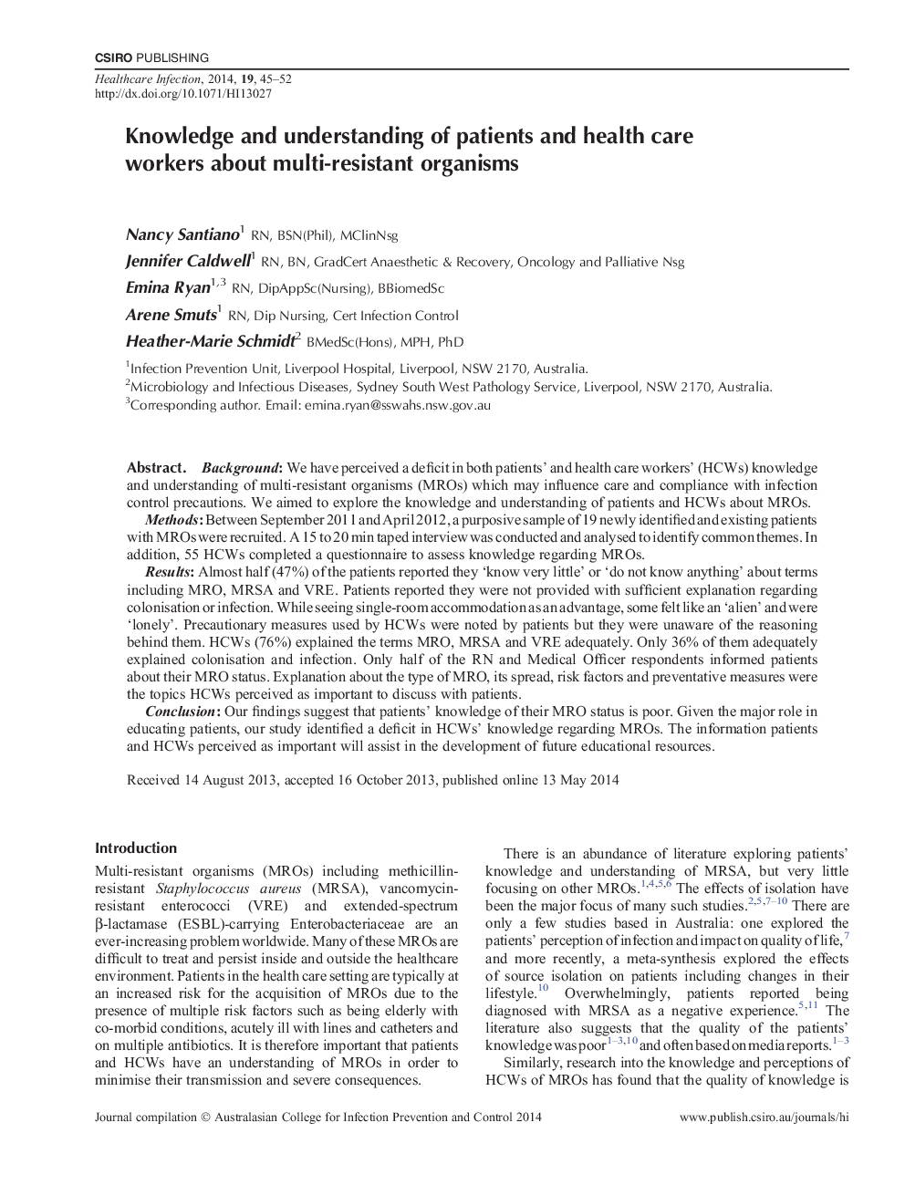 Knowledge and understanding of patients and health care workers about multi-resistant organisms