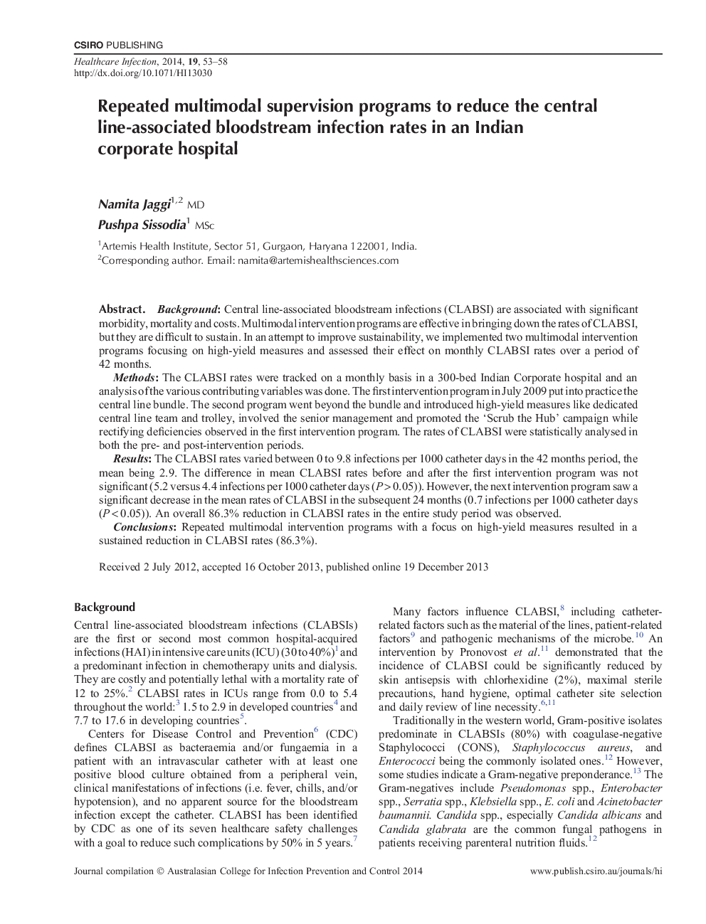 Repeated multimodal supervision programs to reduce the central line-associated bloodstream infection rates in an Indian corporate hospital