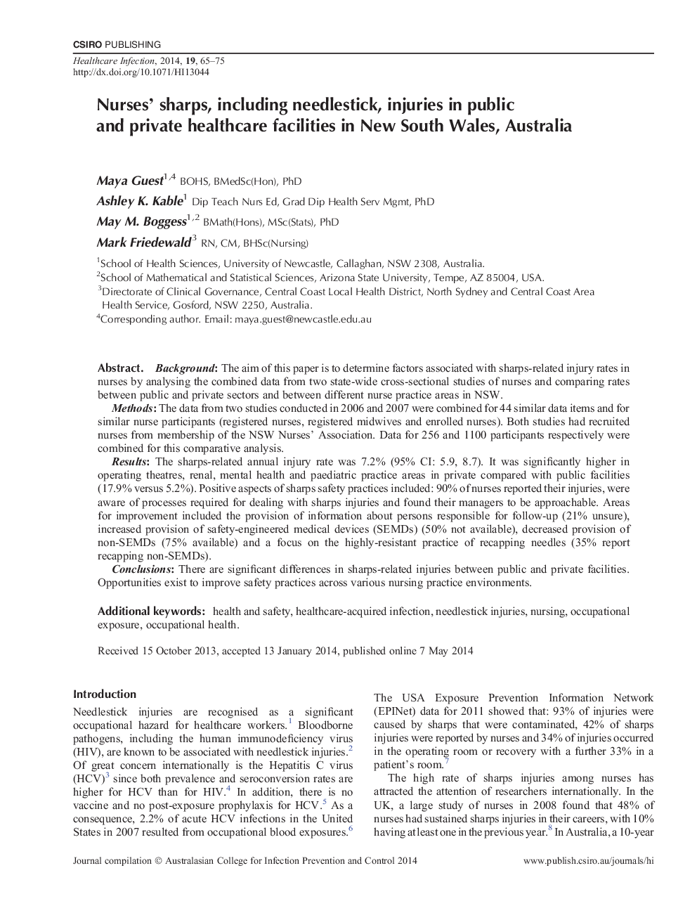 Nurses’ sharps, including needlestick, injuries in public and private healthcare facilities in New South Wales, Australia