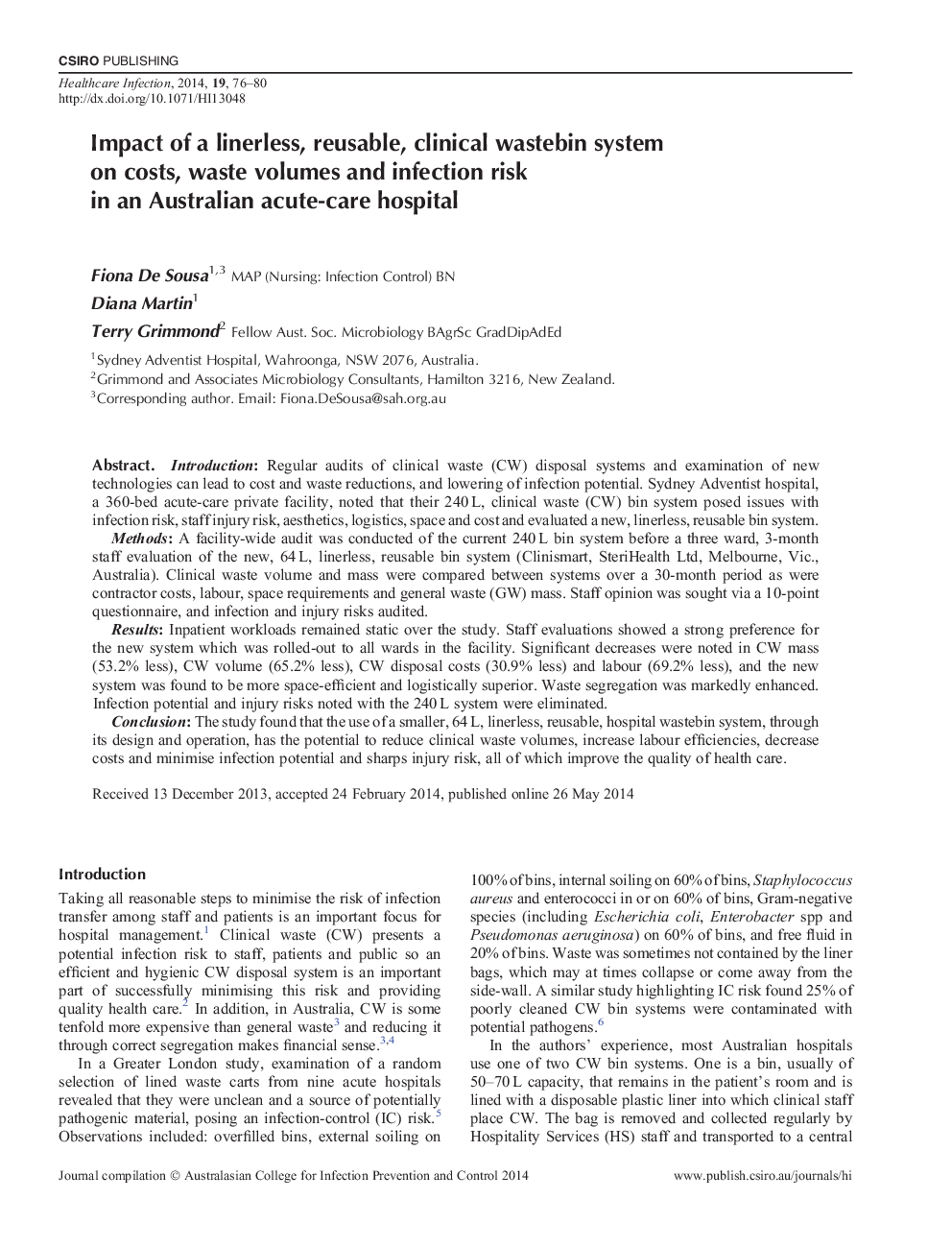 Impact of a linerless, reusable, clinical wastebin system on costs, waste volumes and infection risk in an Australian acute-care hospital