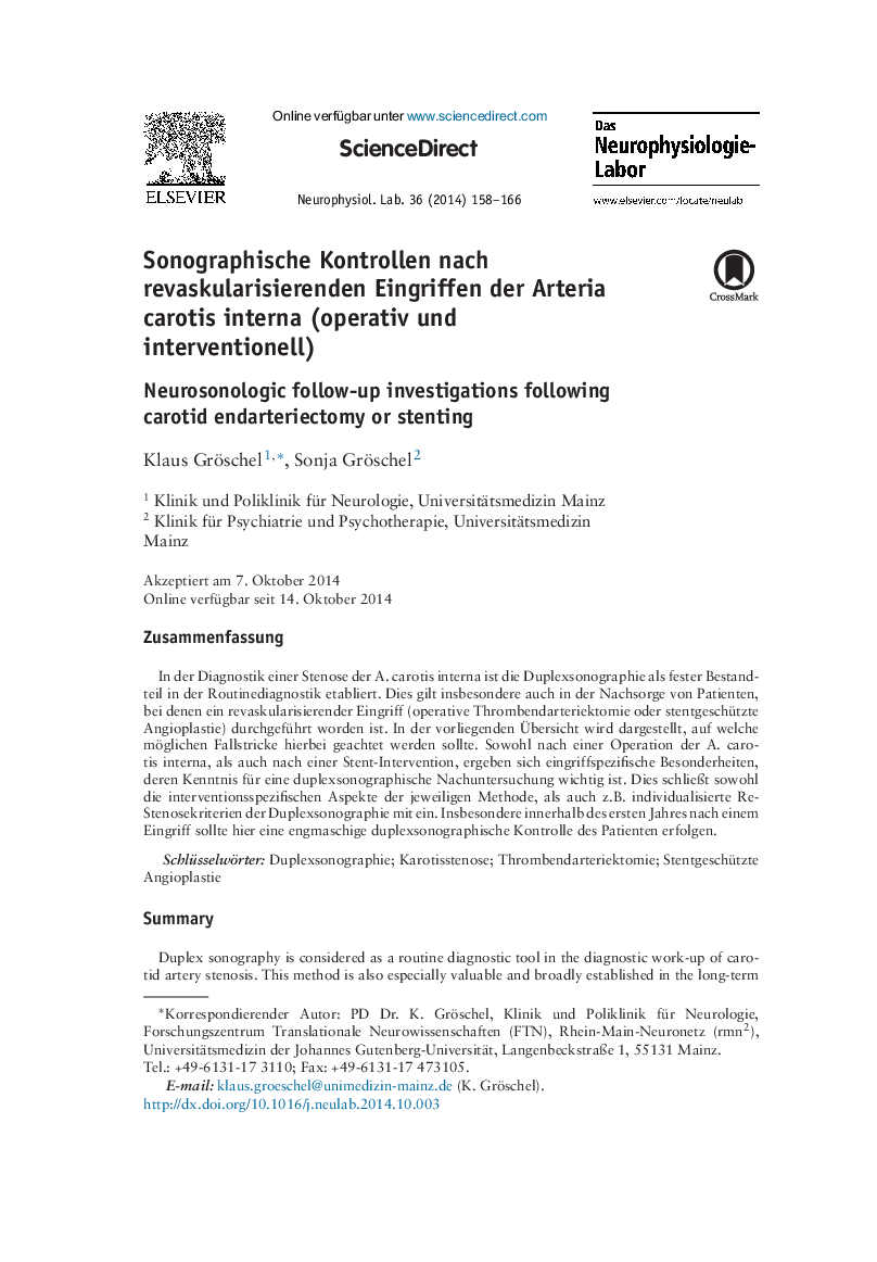Sonographische Kontrollen nach revaskularisierenden Eingriffen der Arteria carotis interna (operativ und interventionell)