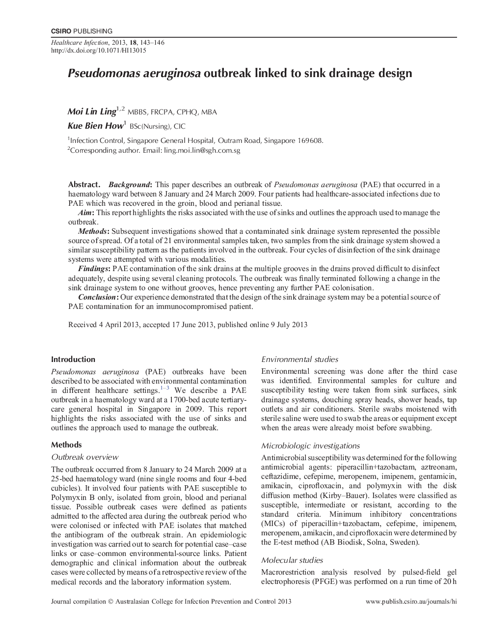 Pseudomonas aeruginosa outbreak linked to sink drainage design