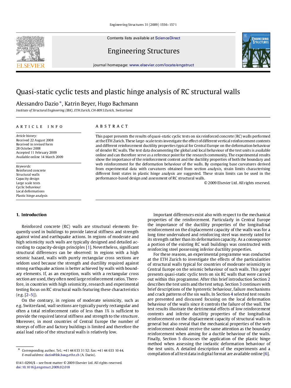 Quasi-static cyclic tests and plastic hinge analysis of RC structural walls