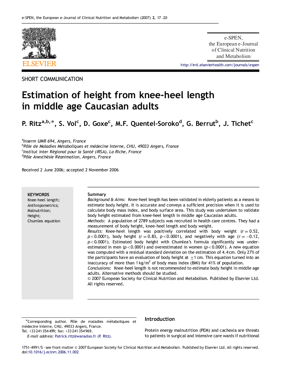 Estimation of height from knee-heel length in middle age Caucasian adults